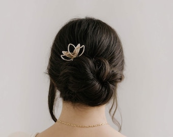 Französische Haarnadel, Haarschmuck, handgefertigte Haargabel, Lotus-Haarnadel, Blumenhaarnadel, Blattgold-Haarnadel, spezielles Muttergeschenk, Braut