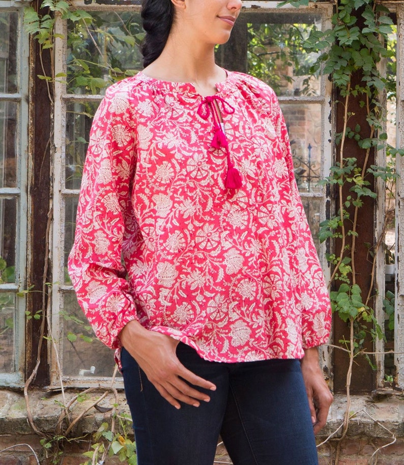 Handmade Loose Fit Floral Block Print Pattern V Neck Tunic Blouse With Tassel From India Matr Boomie