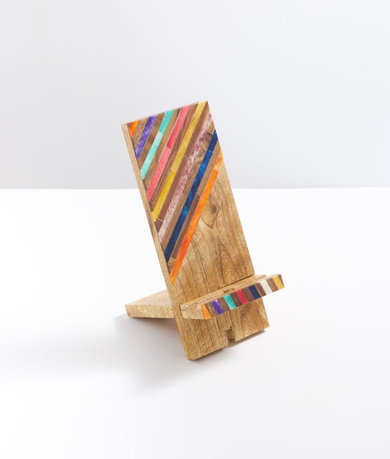 Wooden Phone Stand, Phone Holder For Desk, Wood Charging Station, Dock for Cell Phone, iPhone Holder, Boho Phone Stand, Colorful Wood Holder