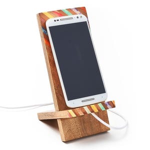 Wooden Phone Stand, Phone Holder For Desk, Wood Charging Station, Dock for Cell Phone, iPhone Holder, Boho Phone Stand, Colorful Wood Holder image 2