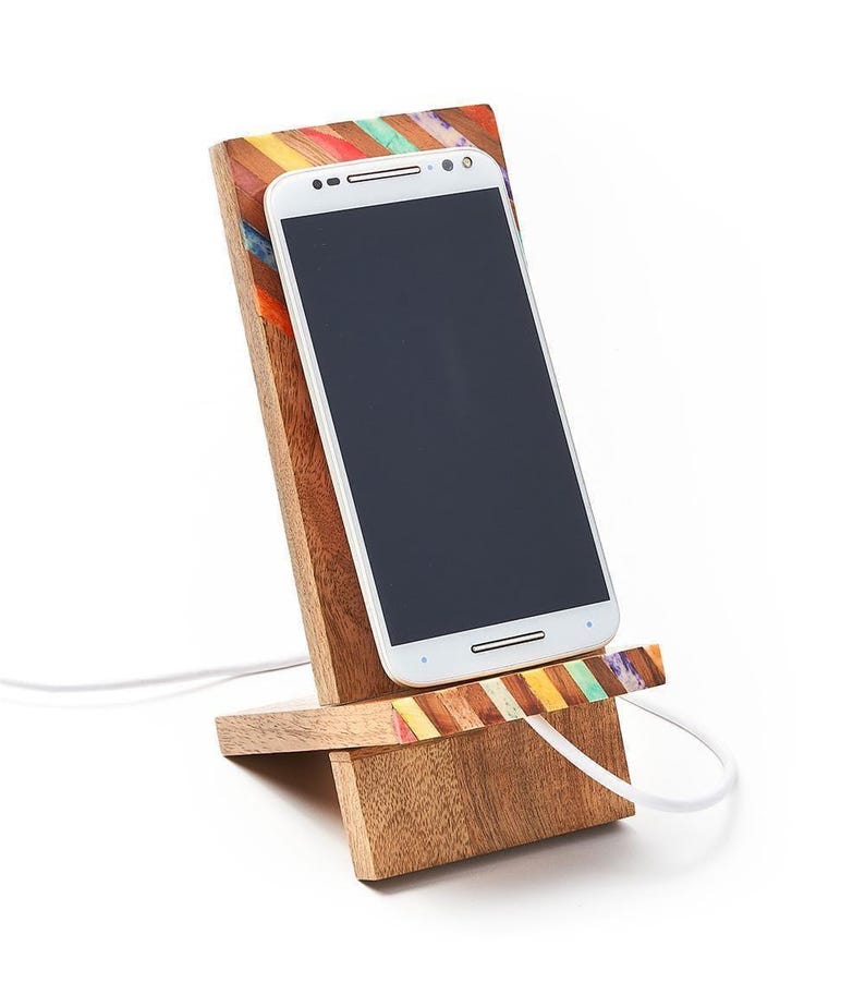 Wooden Phone Stand, Phone Holder For Desk, Wood Charging Station, Dock for Cell Phone, iPhone Holder, Boho Phone Stand, Colorful Wood Holder image 2