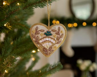 Plush Floral Heart Ornament, Blue Bird Fabric Heart Ornament, Beaded Embroidered Ornament, Small Hanging Decor, Xmas Whimsical Gift