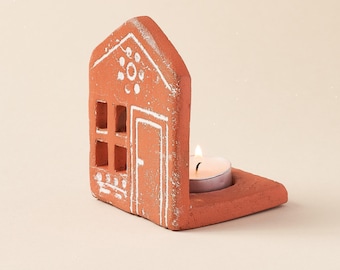 Terracotta Tealight Candle Holder, Housewarming Gift, Terracotta Tribal Tealight Holder, Mantle Decor, Living Room Decor, Ceramic Decor