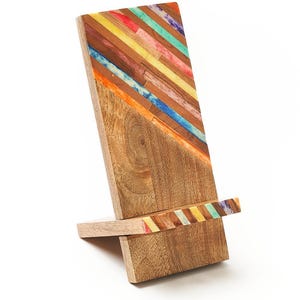 Wooden Phone Stand, Phone Holder For Desk, Wood Charging Station, Dock for Cell Phone, iPhone Holder, Boho Phone Stand, Colorful Wood Holder image 1