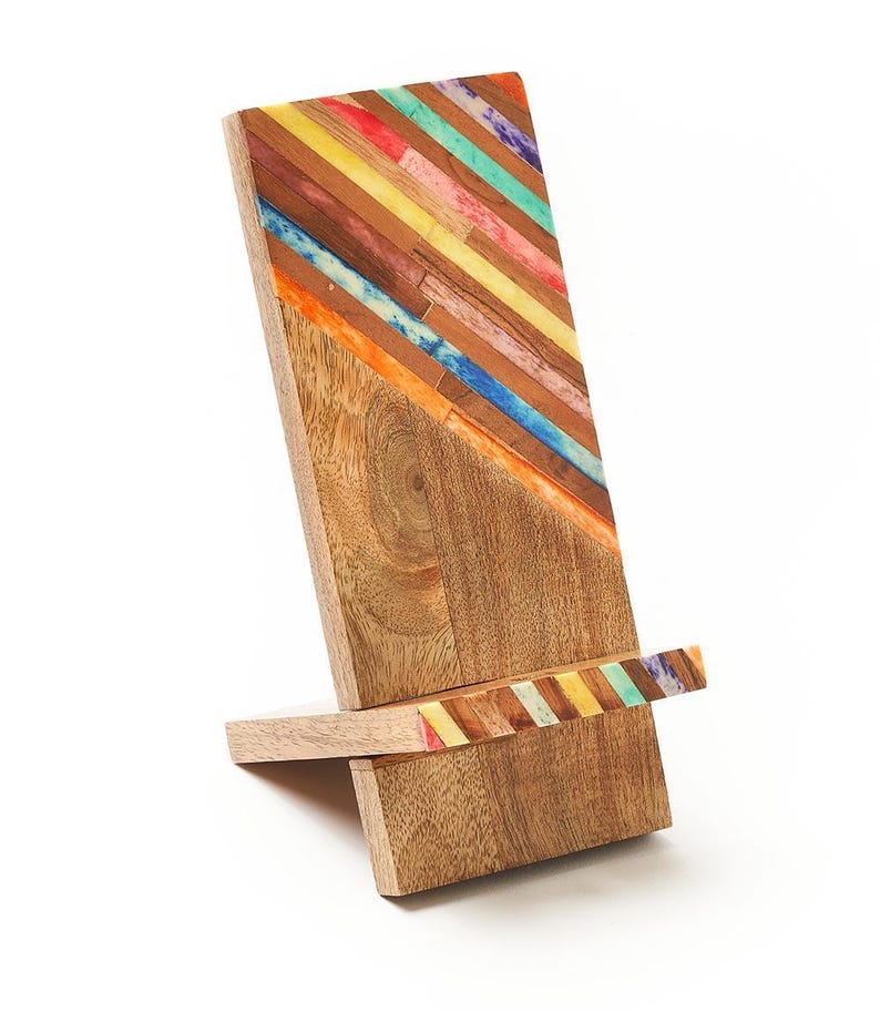 Wooden Phone Stand, Phone Holder For Desk, Wood Charging Station, Dock for Cell Phone, iPhone Holder, Boho Phone Stand, Colorful Wood Holder image 1