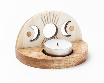 Moon Tealight Holder, Hand Carved Wood Candle Holder, Witchy Candle Holder, Pagan Candle Holder, Sunroom Decor, Spa Day Gift, Meditation