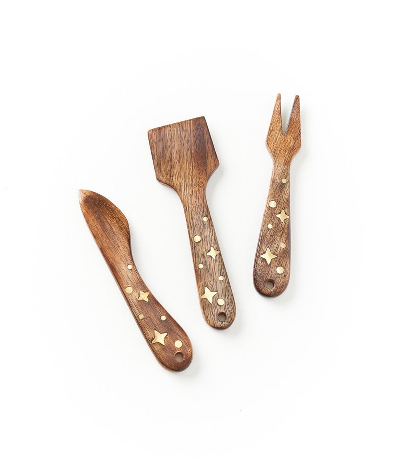 Wooden Hand Carved Cheese Knives Celestial Brass Stars Etsy
