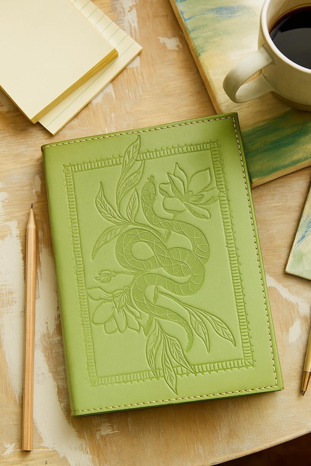Snake Journal Snake Embossed Green Leather Journal - Recycled Cotton Paper ...