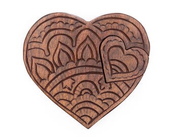 Wooden Puzzle Box, Heart Puzzle Box, Secret Puzzle Box, Hidden Compartment Box, Jewelry Box, Heart Stash Box, Carved Puzzle Box, Heart Gift