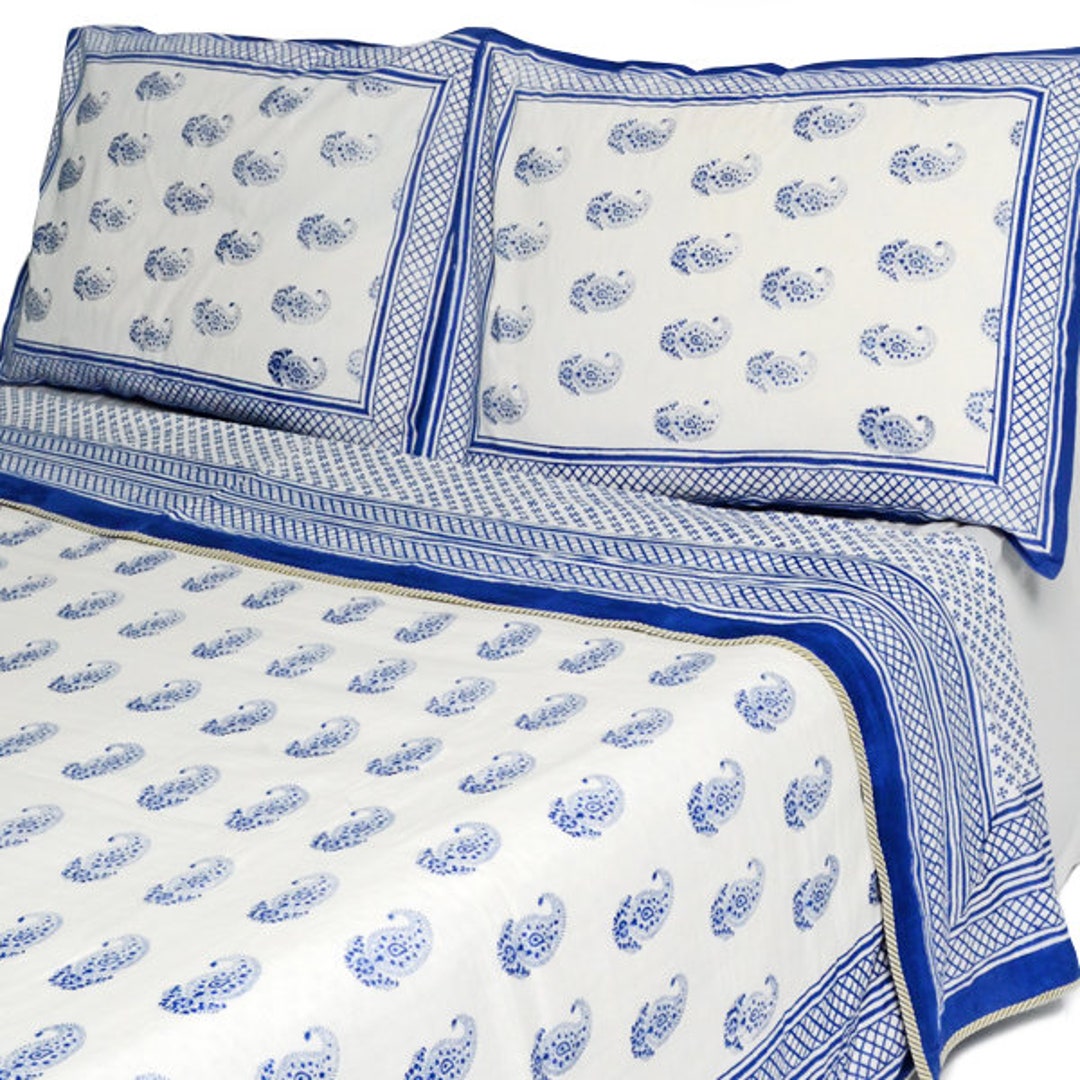Hand Printed, King Size Cotton Bedding, Blue/white Paisley, Reversible