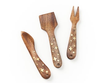 Wooden Hand Carved Cheese Knife Set (3pc),  Charcuterie Accessories, Wooden Utencil Sets, Charcuterie Knife Set, Celestial Cheese Board Set