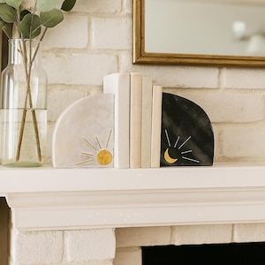 Indukala Sun And Moon Marble Bookends, Bookshelf Decor, Stone Bookends, Office Decor, Housewarming Gift, Mid Century Modern, Book Holder