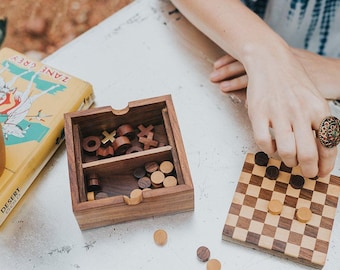 Wooden Checkers Set, Checkers Board Game, Checkers Pieces Game, Father Gift, Reversible Checkers Set, Travel Gift,Boyfriend Gift,Pocket Game