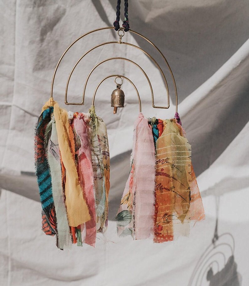 Boho Windchime, Metal Rainbow Wind Chimes, Hanging Bell, Sari Wind Chime, Bell Chime, Rainbow Wall Hanging, Home Improvement, Spring Decor image 2