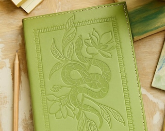 Snake Embossed Green Leather Journal - Recycled Cotton Paper, Refillable Notebook, Personal Growth, Transformation Journal, Wedding Gift