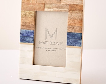 Beach Picture Frame, Blue Wood Picture Frame, Tabletop Wood Frame, 4x6 Coastal Photo Frame, Beach Bar Decor, Hand Carved Wood, Boho Frame