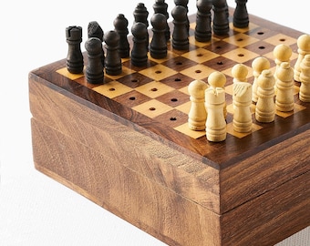 Reisschaakspel, minischaakspel, speelgoed en spelletjes, zakschaak, klein schaakspel, draagbaar schaakspel, houten schaakspel, cadeau voor grootoudersdag