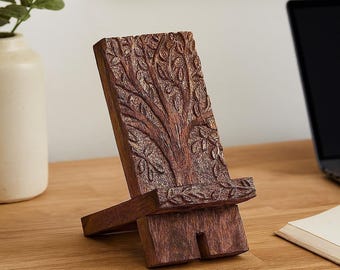 Wooden Phone Stand, Office Desk Decor, Cookbook Stand, Easter Hosting Decor, Tablet Dock, iPhone Stand, Mango Wood Phone Holder, Unique