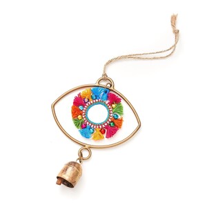 Carrillón de viento con ojo turco, colgante de pared artesanal de metal con ojo turco, pequeño carillón de viento, decoración de pared con ojo turco, campana protectora contra el mal de ojo, decoración para exteriores imagen 2