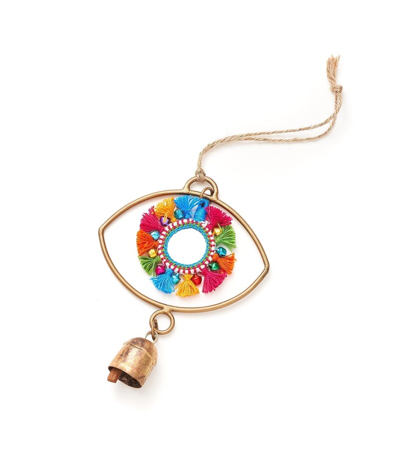 Carrillón de viento con ojo turco, colgante de pared artesanal de metal con ojo turco, pequeño carillón de viento, decoración de pared con ojo turco, campana protectora contra el mal de ojo, decoración para exteriores imagen 2