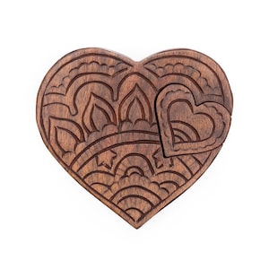 Wooden Puzzle Box, Heart Puzzle Box, Secret Puzzle Box, Hidden Compartment Box, Jewelry Box, Heart Stash Box, Carved Puzzle Box, Heart Gift
