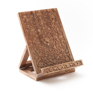 Holz geschnitzter Bücherständer, handgeschnitzter Kochbuchständer, Mitbewohner Geschenk, Wohnheim Geschenkdekor, Holz iPad Ständer, Rezeptbuchhalter, Holz Mandala Ständer