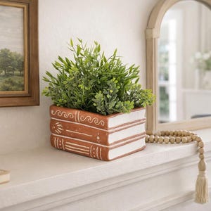 Terracotta Books Planter ~ Stacked Books Flower Pot with Drainage Hole | Literary Indoor Planter for Desk or Bookshelf ~ Reading Nook Decor