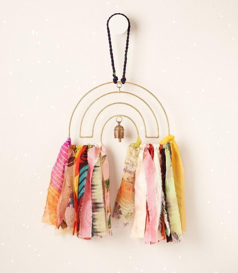 Boho Windchime, Metal Rainbow Wind Chimes, Hanging Bell, Sari Wind Chime, Bell Chime, Rainbow Wall Hanging, Home Improvement, Spring Decor image 1