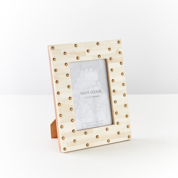 Picture Frame 4x6, Cream Brass Studded Frame, Desk and Wall Display, Hand Carved Wood, Bone by Matr Boomie
