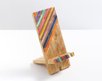 Wooden Phone Stand, Phone Holder For Desk, Wood Charging Station, Dock for Cell Phone, iPhone Holder, Boho Phone Stand, Colorful Wood Holder