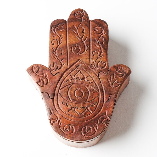 Wooden Hand Of Fatima Stash Box, Hamsa Box, Secret Box, Boho Jewelry Box, Hand Carved Puzzle Box, Evil Eye Box, Protection Keepsake Box