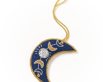 Crescent Moon Ornament, Celestial Ornament, Home Decor, Felt Beaded Ornament, Embroidered Ornament, Celestial Decor, Moon Charm, Folk Art