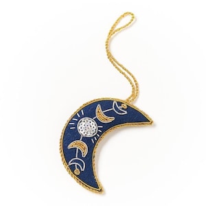 Crescent Moon Ornament, Celestial Ornament, Home Decor, Felt Beaded Ornament, Embroidered Ornament, Celestial Decor, Moon Charm, Folk Art