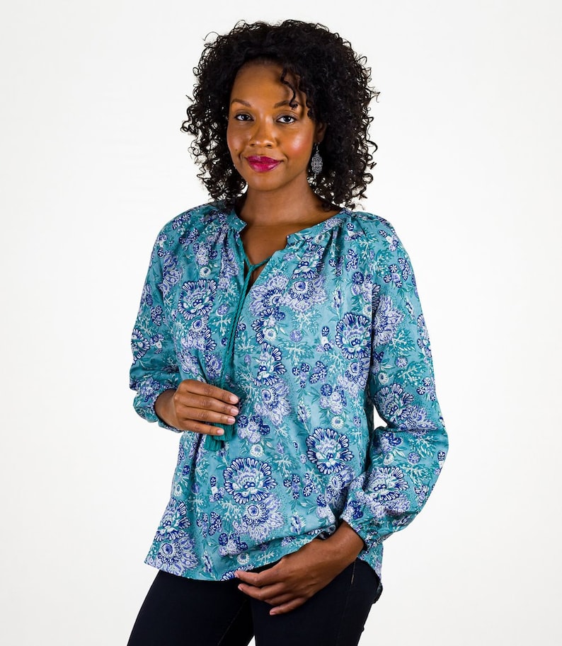 Handmade Loose Fit Floral Block Print Pattern V Neck Tunic Blouse With Tassel From India Matr Boomie
