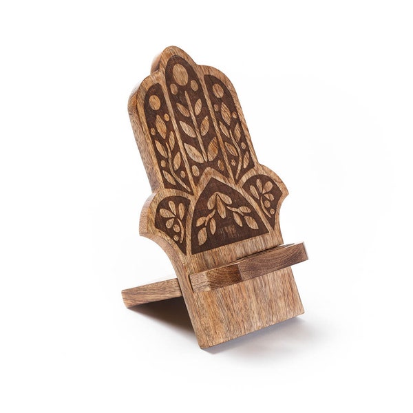 Wooden Hamsa Phone Stand, Phone Holder, Docking, Charging Station, Handcrafted Gifts for Students by Matr Boomie