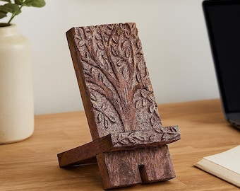Wooden Phone Stand, Office Desk Decor, Cookbook Stand, Mothers Day Gift, Tablet Dock, iPhone Stand, Mango Wood Phone Holder, Unique