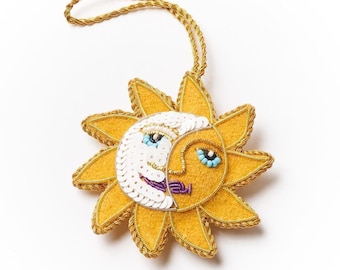 Sun And Moon Ornament, Plush Felt Ornament, Embroidered Ornament, Beaded Ornament, Celestial Holiday Decor, Summer Home Improvement