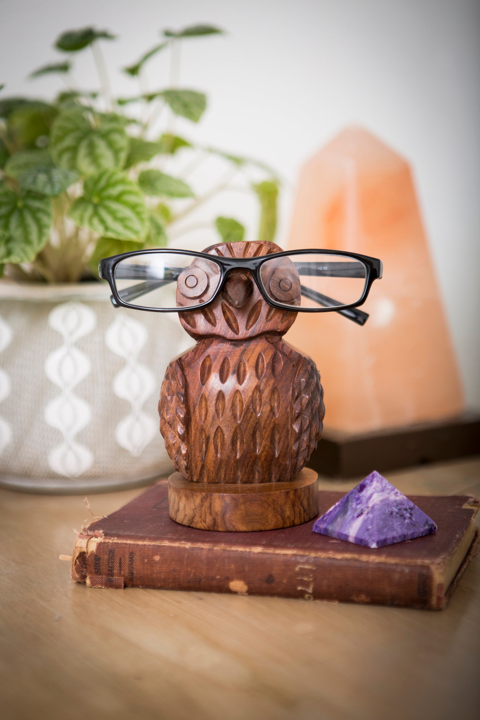 Hand-Carved Sheesham Wood Owl Eyeglass Holder