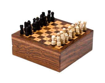 Personalized Miniature Size Wood Engraved Chess/Checkers Travel Box Set Age 7+ 