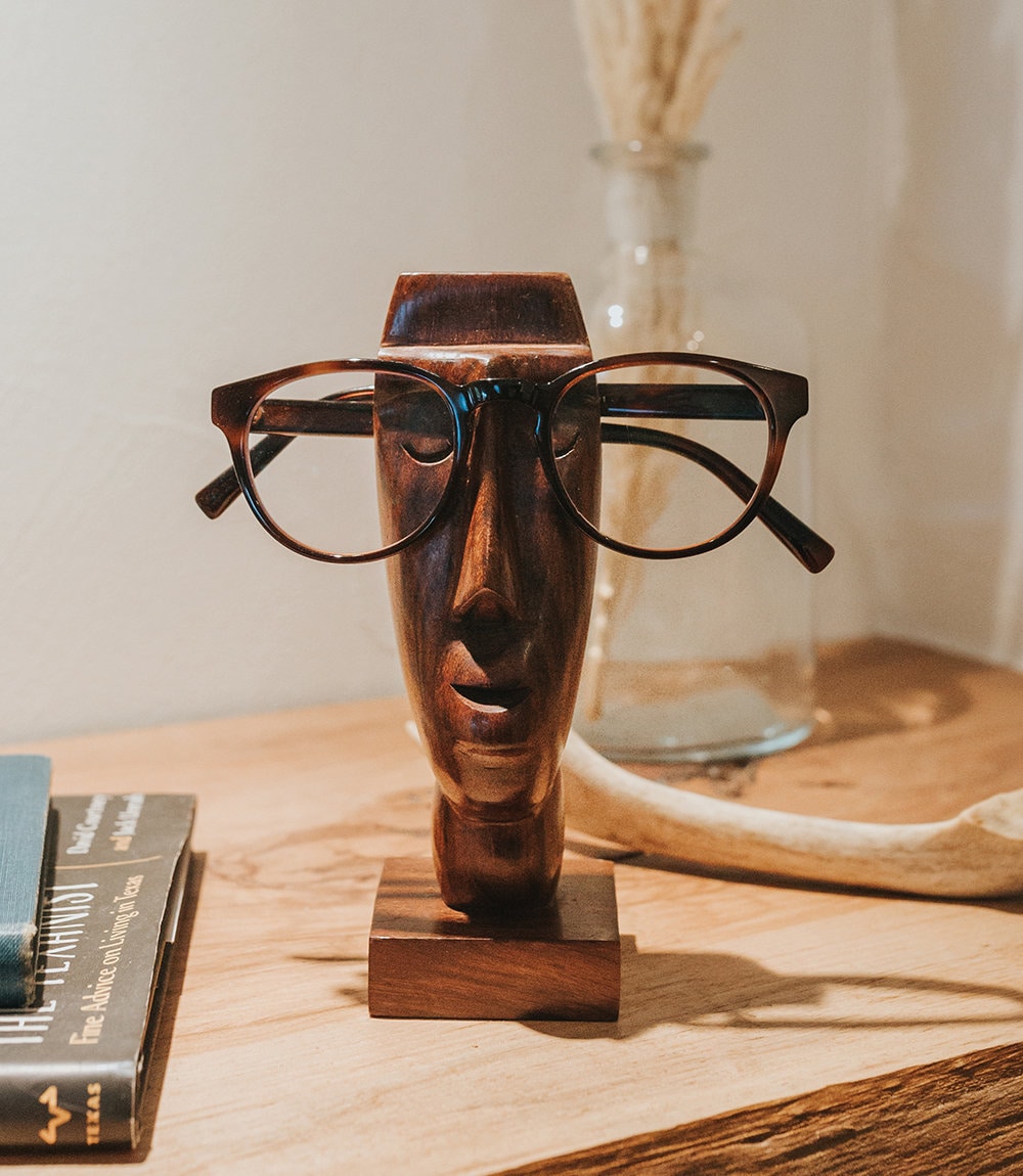 Quirky Hand Carved Solid Wood Face Statue Glasses Stand