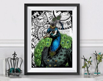 Póster de pavo real con impresión de arte steampunk, decoración del hogar, diccionario, arte de fondo