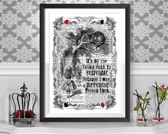 Alice in wonderland Poster Print, The Cheshire Cat Wall art, Unique Gift Idea, Home decor with dictionary background