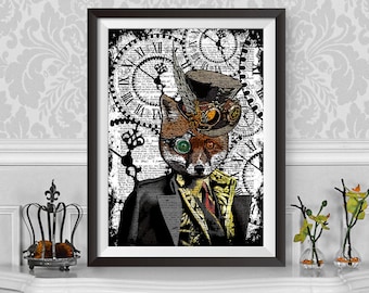 Impresión de póster de zorro, zorro steampunk, sombrero de copa, zorro, decoración del hogar, diccionario, arte de fondo