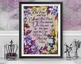Alice in wonderland wall art, Alice and the Cheshire Cat, dictionary book artwork Poster, Lewis Carroll quote, Original illustration