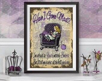 Alice nel paese delle meraviglie, citazione di Bonkers, poster con illustrazione di un dizionario, citazione di Lewis Carroll, illustrazione originale