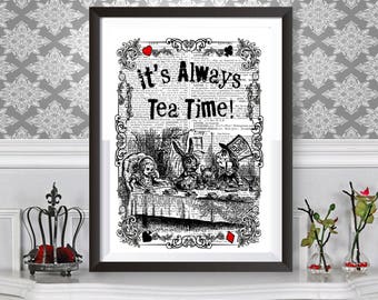 Alice in wonderland Poster Print, Mad Tea Party, Unique Gift Idea, Home decor with dictionary background