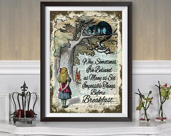 Alice nel paese delle meraviglie, Alice e il gatto del Cheshire, poster con illustrazioni di dizionari, citazione di Lewis Carroll, illustrazione originale