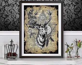 Lámina de ciervo con fondo de diccionario, Colección Oculta Wicca, Obra de Arte de Brujería con Pentagrama, Póster con Ciervo Mágico, Estampado de Animal