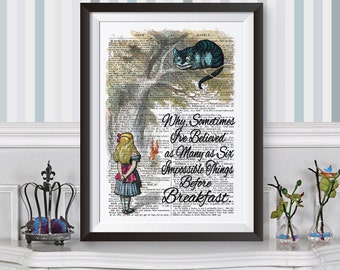 Poster dictionary book page background Alice in Wonderland and Cheshire cat quote. Wall decor poster print book page art.