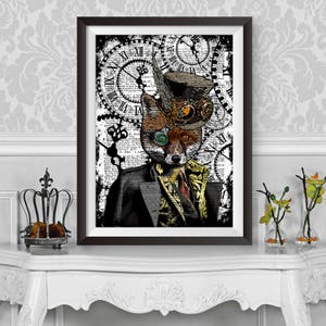 Fox Poster Print Steampunk Fox Top Hat Fox Home Decor Dictionary Background Art